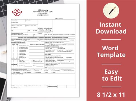 HVAC proposal estimate contract heating & Cooling Company instant Download - Etsy