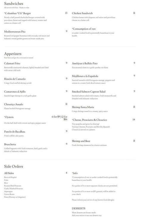 Columbus Grill menu in Manassas, Virginia, USA