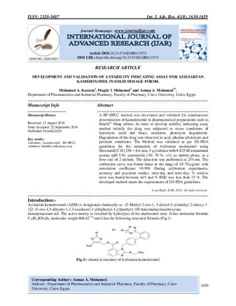 (PDF) DEVELOPMENT AND VALIDATION OF A STABILITY INDICATING ASSAY FOR AZILSARTAN KAMEDOXOMIL IN ...