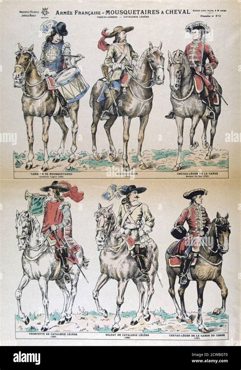 Mousquetaires a Cheval 17th Century. French army uniforms. Colour Lithograph. Private collection ...