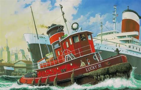 Download wallpaper art, painting, ship, boat, Harbour Tug Boat, section ...