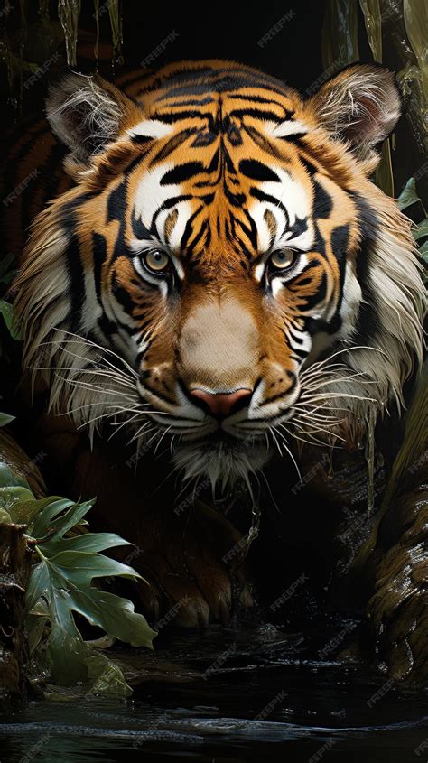 Premium AI Image | Beautiful tiger face with flowers and leaves on ...