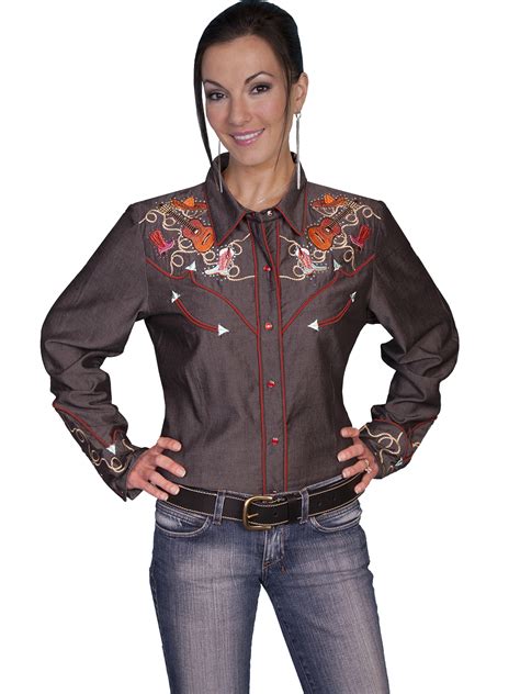 Scully® Womens Charcoal Country Western Embroidered Long Sleeve Snap ...