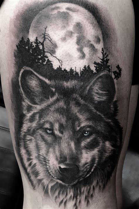 #wolf #moon #night #woods #trees #forest #moonlight #tattoooftheday #realism #blackandgrey ...