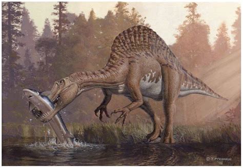 Spinosaurus comiendo esturión gigante Obra de James Mckinnon