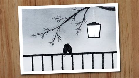 How to draw love birds scenery with pencil, Pencil drawing for ...