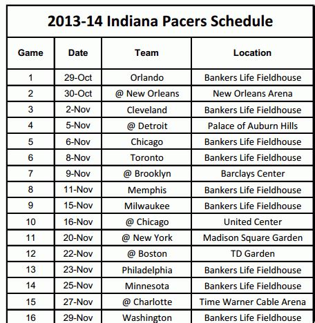 2013-14 Indiana Pacers Schedule - PrinterFriendly