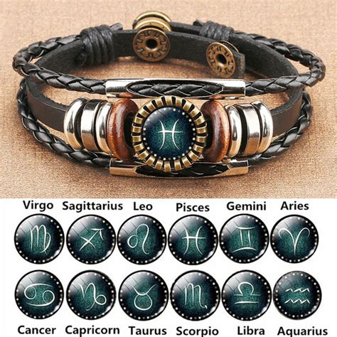 Multilayer Leather Bracelet 12 Constellation Zodiac Sign Men's Women's Braided Bracelets Aries ...