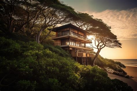 Premium AI Image | A house on a hill with a sunset in the background