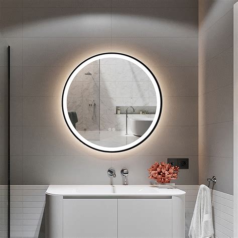 Black Framed Bathroom Mirrors with Lights 600mm Round LED Bathroom Wall Mirror - Bathroom ...