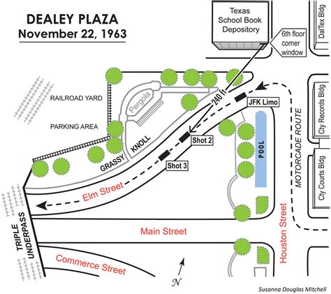 | Diagram of Dealey Plaza, showing the path of the motorcade (dashed ...