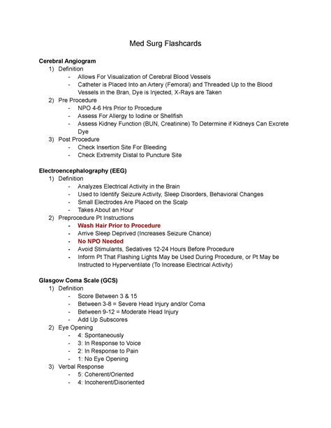 Med Surg Flashcards.docx · version 1 - Med Surg Flashcards Cerebral Angiogram 1) Definition ...