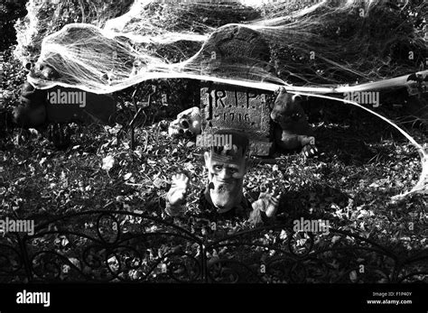 Halloween Graveyard - Scary Graveyard Halloween Decoration. B/W Photography Stock Photo - Alamy