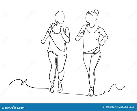 One Continuous Line Drawing of Young Sporty Runner Women Jogging. Healthy Lifestyle and Fun ...