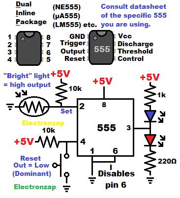 555 timer bistable mode flip flop circuit learning electronics lesson 0011 - Electronzap