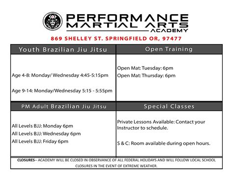 Performance Martial Arts Academy | SCHEDULE