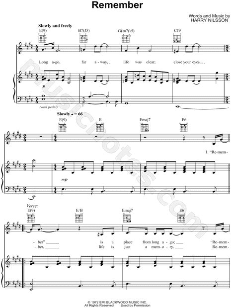 Harry Nilsson "Remember" Sheet Music in E Major (transposable ...