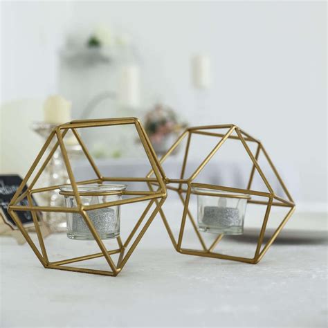 11" Long Gold Geometric Tealight Candle Holder - TableclothsFactory.com