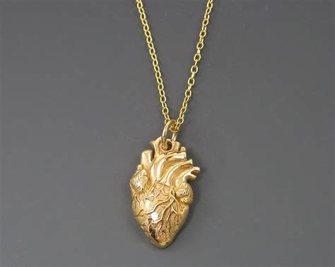 Anatomical Heart Necklace Gold Plated Bronze Heart Pendant