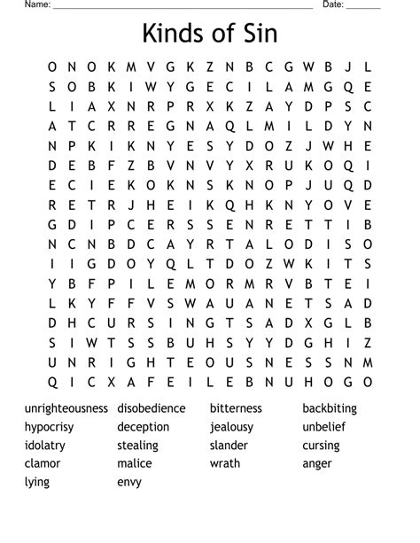 Kinds of Sin Word Search - WordMint