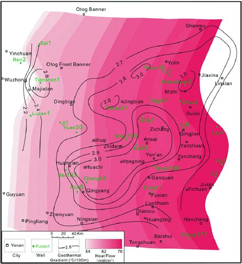 Present geothermal gradient and heat flow (revised after Ren et al., 2007) | Download Scientific ...