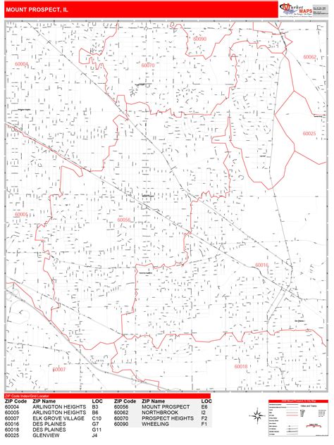 Mount Prospect Illinois Zip Code Wall Map (Red Line Style) by MarketMAPS