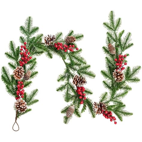 Coolmade 5.1ft Artificial Christmas Pine Garland with Red Berry Branch Pine Cone Winter Greenery ...