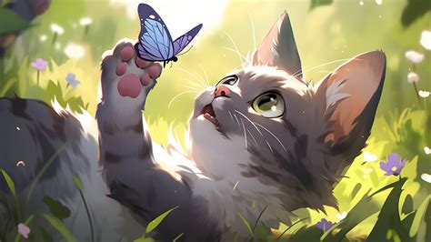 Cat Plays with a Butterfly Desktop Wallpaper - Animals Wallpaper 4k