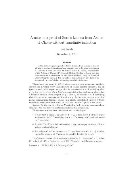 A note on a proof of Zorn's Lemma from Axiom of Choice ... - Biglobe