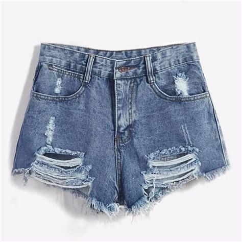 2018 Brand Vintage ripped hole fringe blue denim shorts women Casual ...