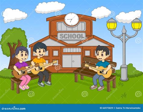 Children Playing Guitar in Front of Their School Cartoon Stock Vector ...