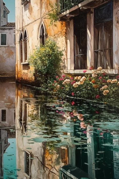 Premium AI Image | A painting of a house and flowers