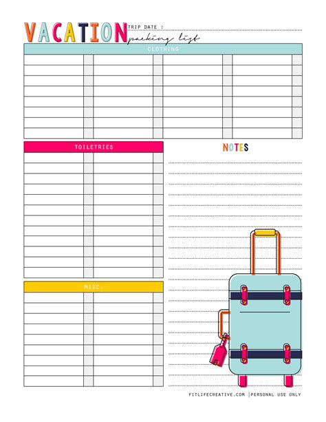 Downloadable Free Printable Vacation Planner Template