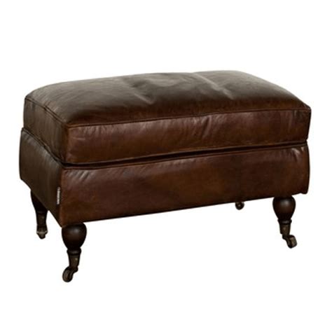 Aged Brown Leather Ottoman Footstool with Castors – Greenslades Furniture