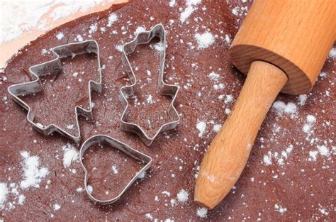 Cookie Cutters and Rolling Pin on Dough for Gingerbread Stock Photo - Image of pastry, christmas ...