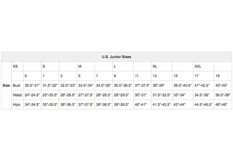 Size Chart For Juniors