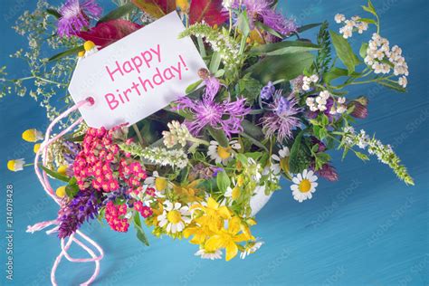 Happy Birthday card with wild flowers and herbs, alternative bouquet of ...