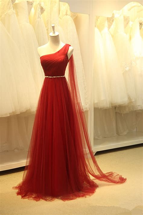 Pretty Tulle One Shoulder Wine Red Long Simple Prom Dresses , Wine Red Formal Dresses, Formal ...