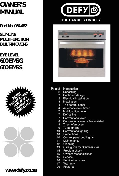 Defy Slimline Multifunction Built In Ovens Eye Level 600 Emsg Users Manual 064 452 EMSS 2006 2YW