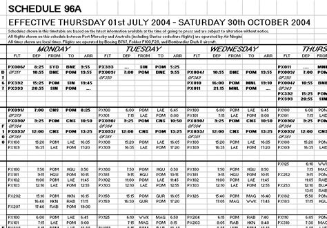 Old Air Niugini Schedules / Timetables