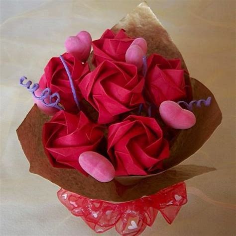 Handmade Origami Rose with Pink heart Bouquet 6 Red Rose Red Gift ...