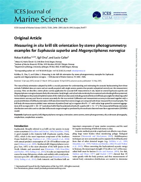 (PDF) Stereo Photogrammetry for Measuring Krill Orientation and Size