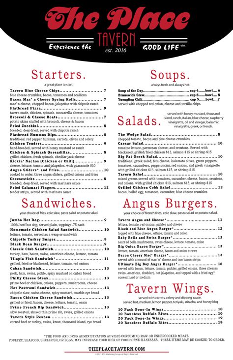 Tavern Menu – The Place Tavern | Hiram, Georgia