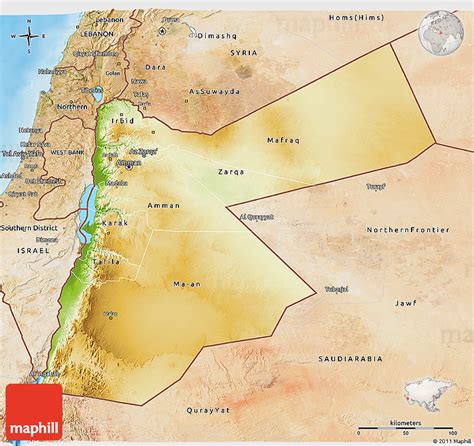 Physical 3D Map of Jordan, satellite outside, shaded relief sea