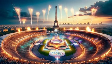 Paris Olympic Stadium during the 2024 opening ceremony with the Eiffel Tower standing tall in ...