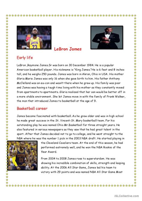 BIOGRAPHY OF LeBron James: English ESL worksheets pdf & doc