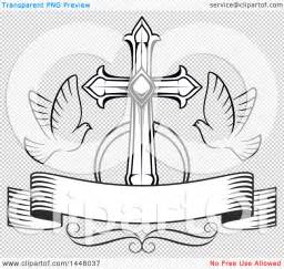 Clipart of a Black and White Easter Cross with Doves and a Blank Ribbon Banner - Royalty Free ...