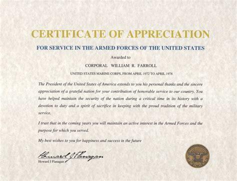 certificate of appreciation for service in the armed forces of the united states