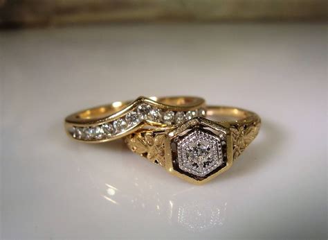 Art Deco Bridal Ring Set, Wedding Rings Set, 10K Gold, Engagement Ring, Wedding Band, Diamond ...