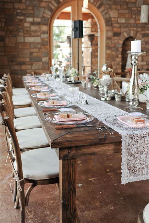 Rustic Wooden Farm Tables with Lace Runners